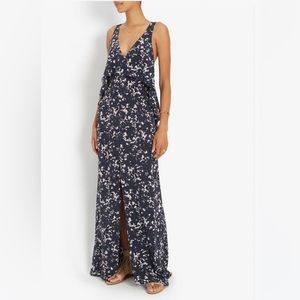 Intermix Silk Floral Nikki Maxi Dress Front Slit Flounce Back Zip Petite/Small